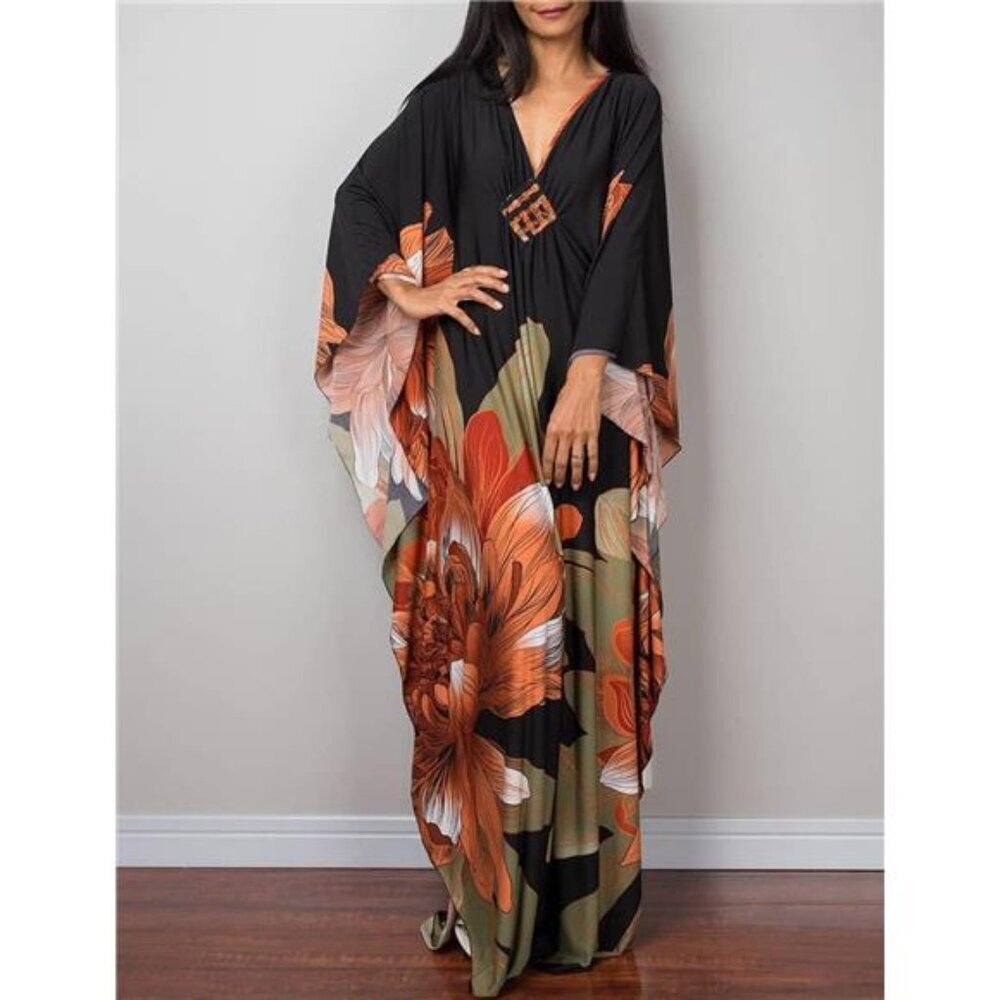 Women Ethnic Print Kaftan Beach Dress Plus Size Swimsuit Cover Up - Picture 2 of 5